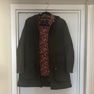 Women Barbour Olive Green Hooded Wax Coat with Floral Lining - Size 6